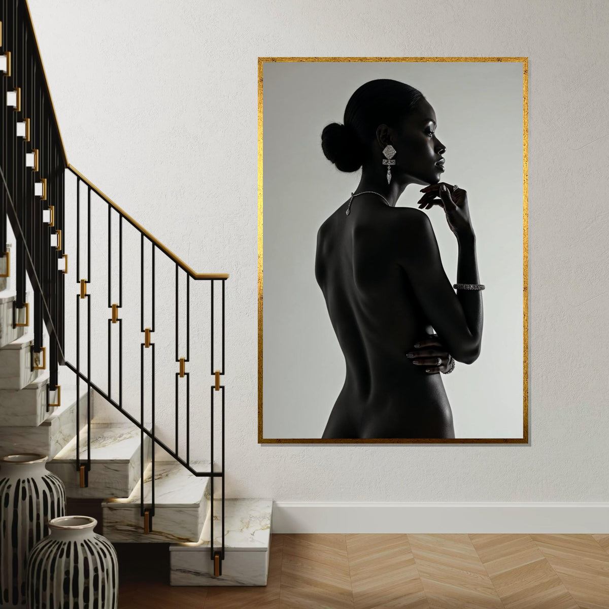 Elegant Silhouette, Woman in Jewelry Canvas, Glamour Wall Art, Black and White Art, Fine Art Canvas Print, Ready to Hang Decoration