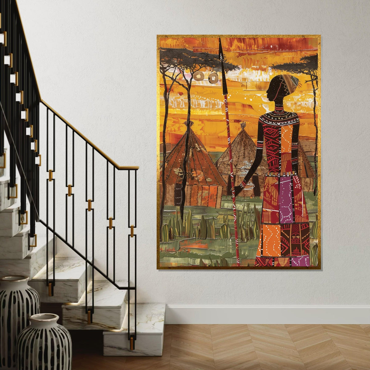 African Warrior Canvas Art, Tribal Village Wall Art, Ethnic Decor, Wall Art Canvas Design, Ready To Hang Decoration