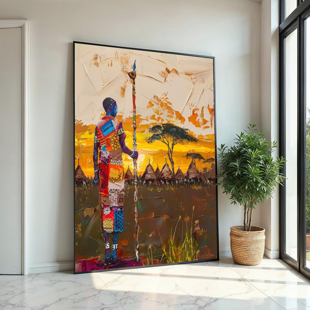 Tribal Warrior Canvas, Colorful African Landscape, Cultural Wall Art, Village Sunset Painting, Wall Art Canvas Design, Ready to Hang