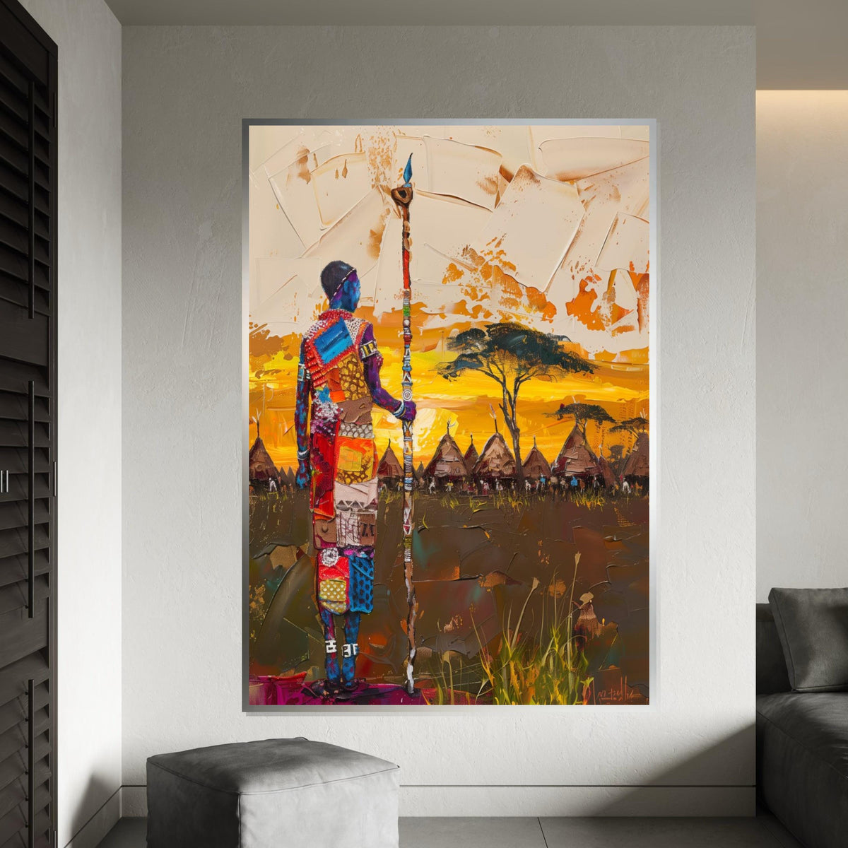 Tribal Warrior Canvas, Colorful African Landscape, Cultural Wall Art, Village Sunset Painting, Wall Art Canvas Design, Ready to Hang
