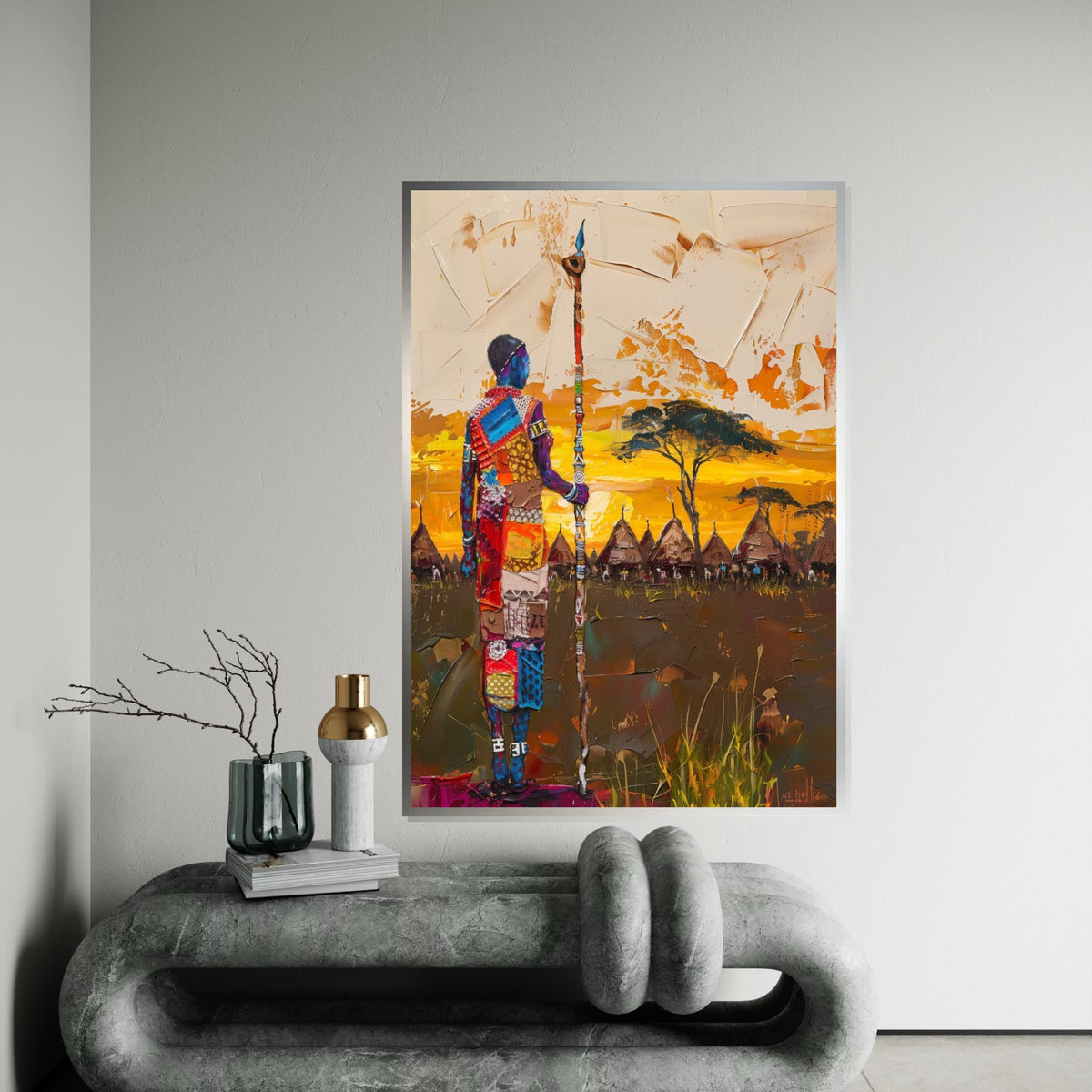 Tribal Warrior Canvas, Colorful African Landscape, Cultural Wall Art, Village Sunset Painting, Wall Art Canvas Design, Ready to Hang