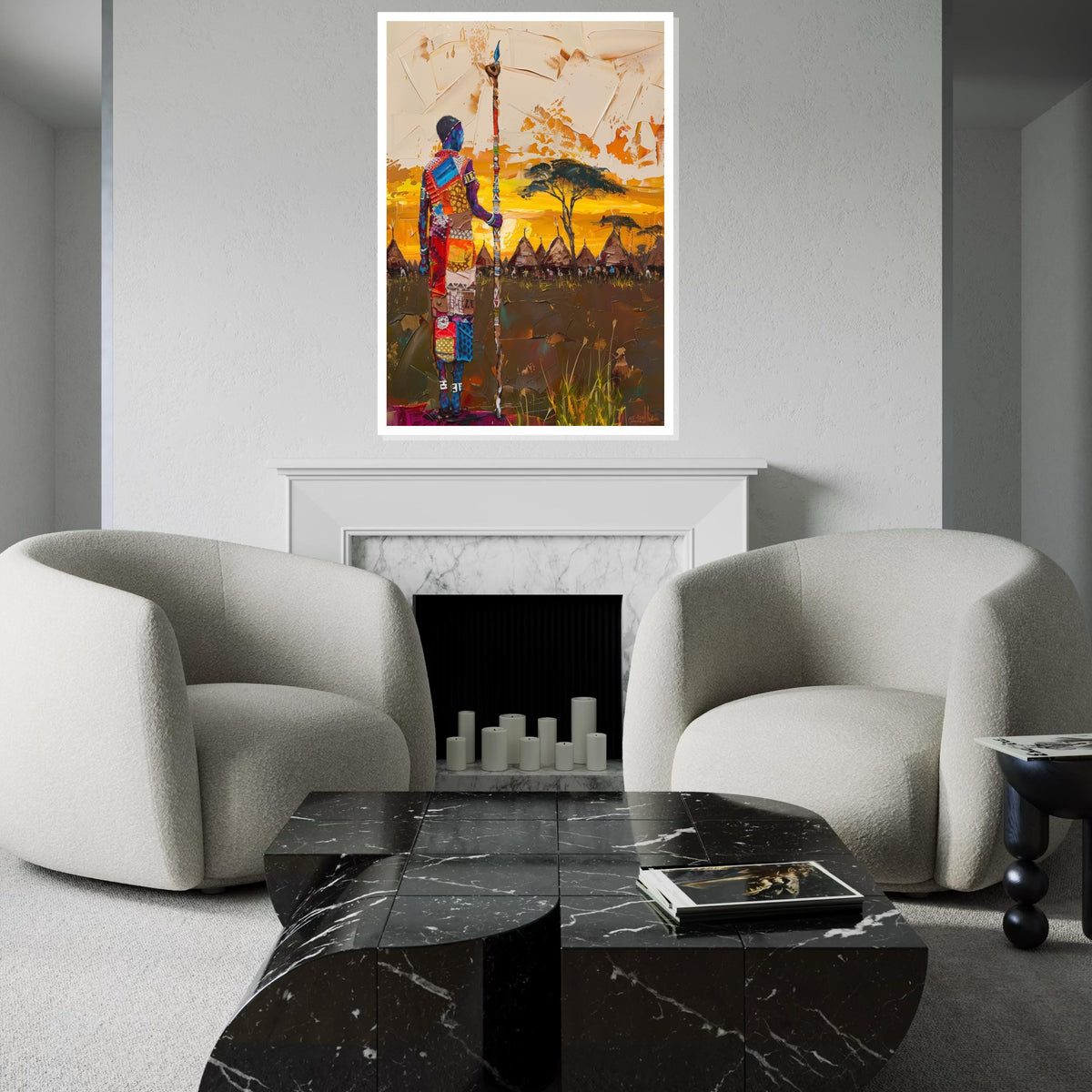 Tribal Warrior Canvas, Colorful African Landscape, Cultural Wall Art, Village Sunset Painting, Wall Art Canvas Design, Ready to Hang