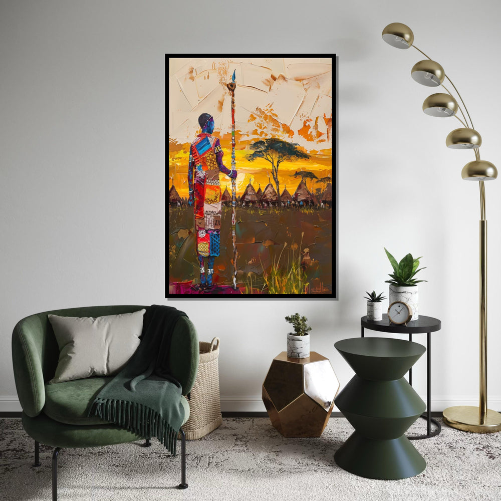 Tribal Warrior Canvas, Colorful African Landscape, Cultural Wall Art, Village Sunset Painting, Wall Art Canvas Design, Ready to Hang