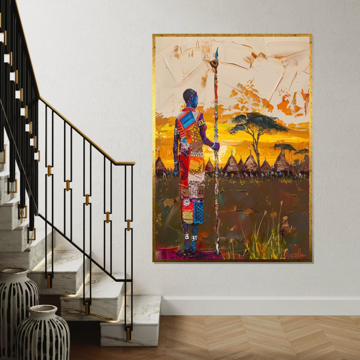 Tribal Warrior Canvas, Colorful African Landscape, Cultural Wall Art, Village Sunset Painting, Wall Art Canvas Design, Ready to Hang