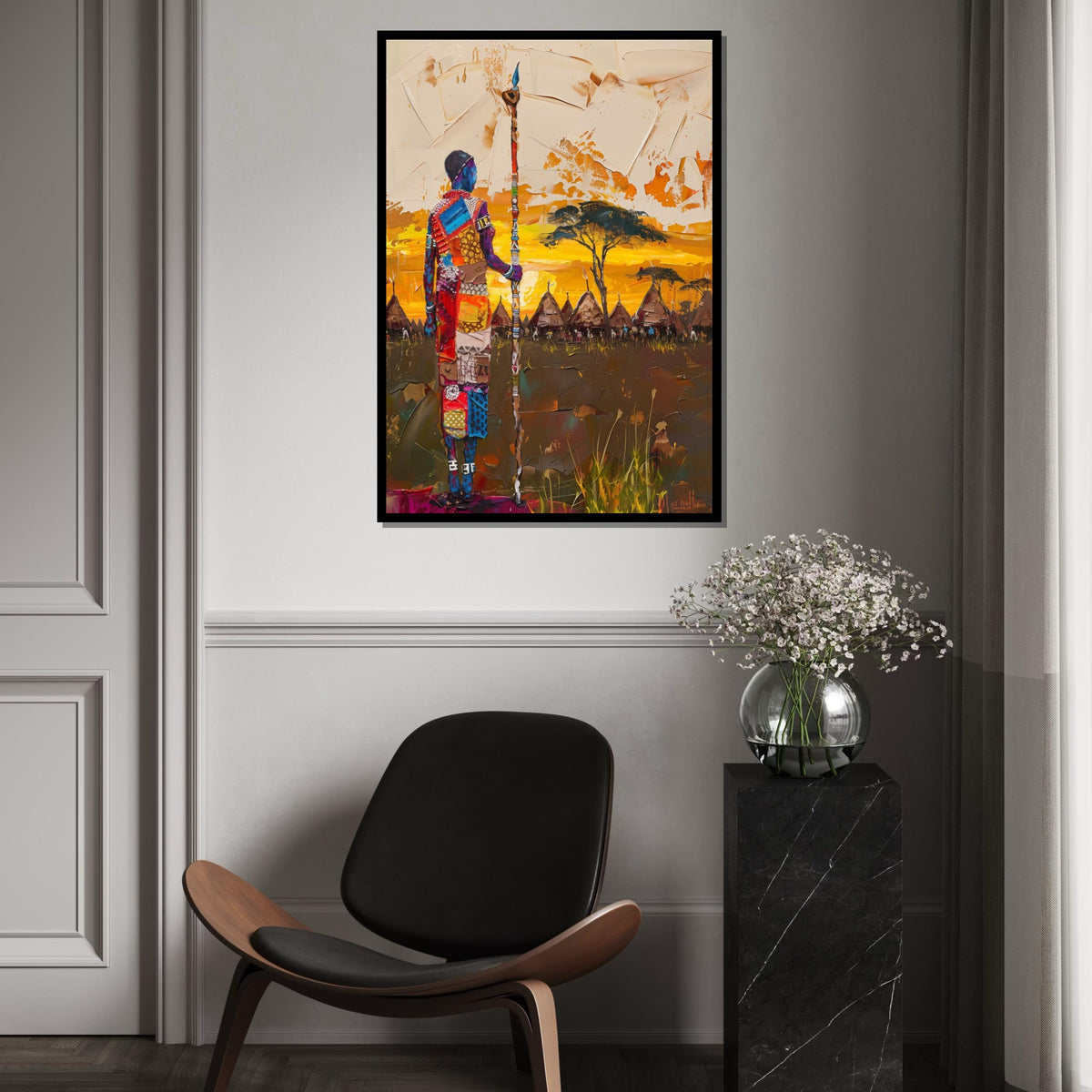 Tribal Warrior Canvas, Colorful African Landscape, Cultural Wall Art, Village Sunset Painting, Wall Art Canvas Design, Ready to Hang