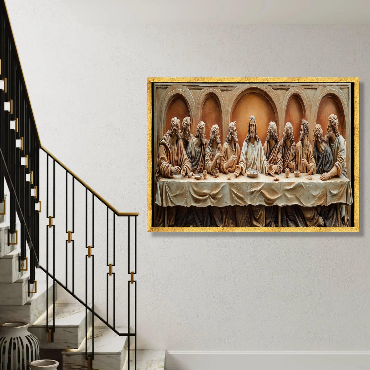 The Last Supper Canvas Wall Art, Biblical Scene Sculpture, Jesus and Apostles Religious Canvas, Christian Home Ready To Hang Decoration