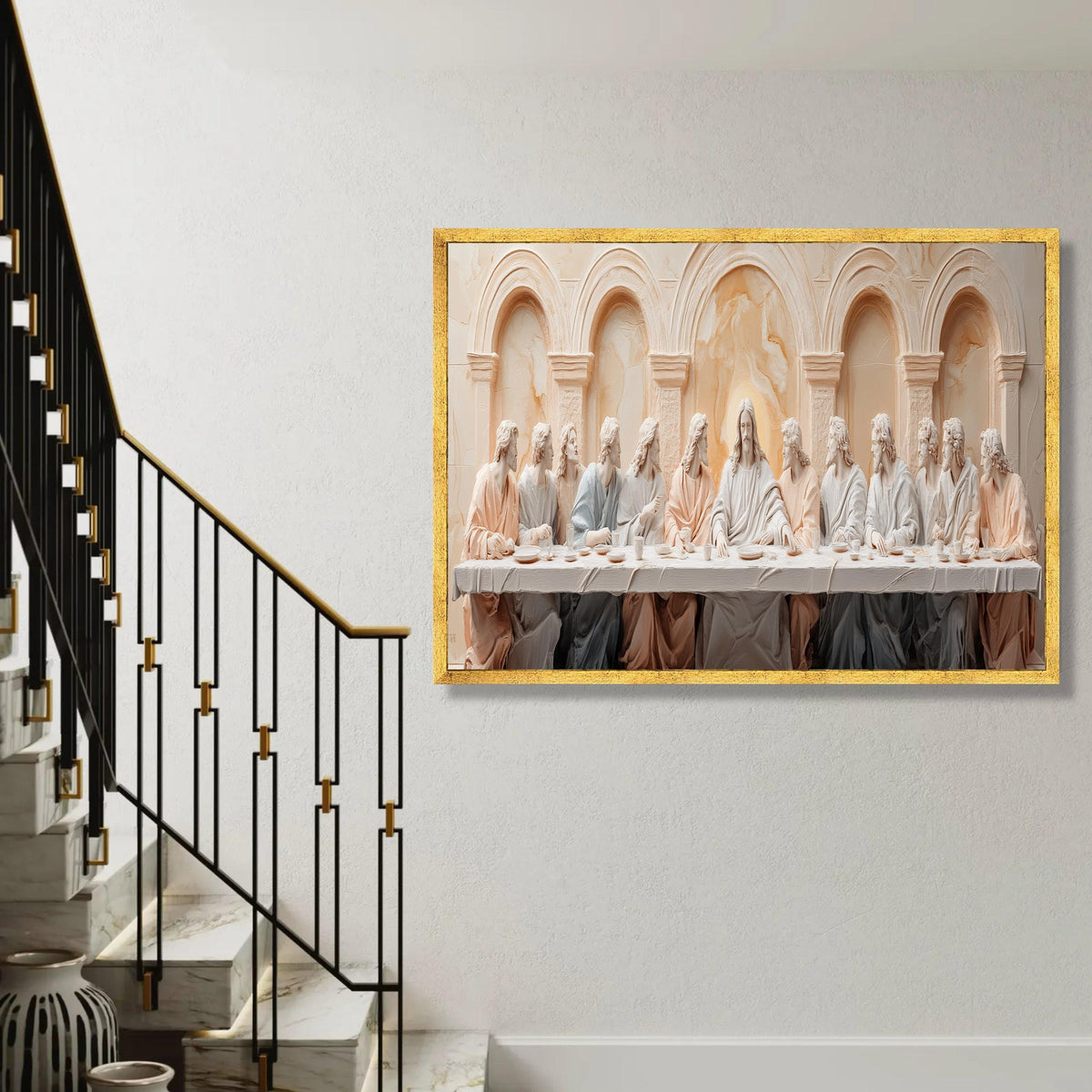 The Last Supper Style Canvas, Christian Religious Wall Art, Jesus and Apostles Sculpture, Spiritual Home Ready To Hang Decoration