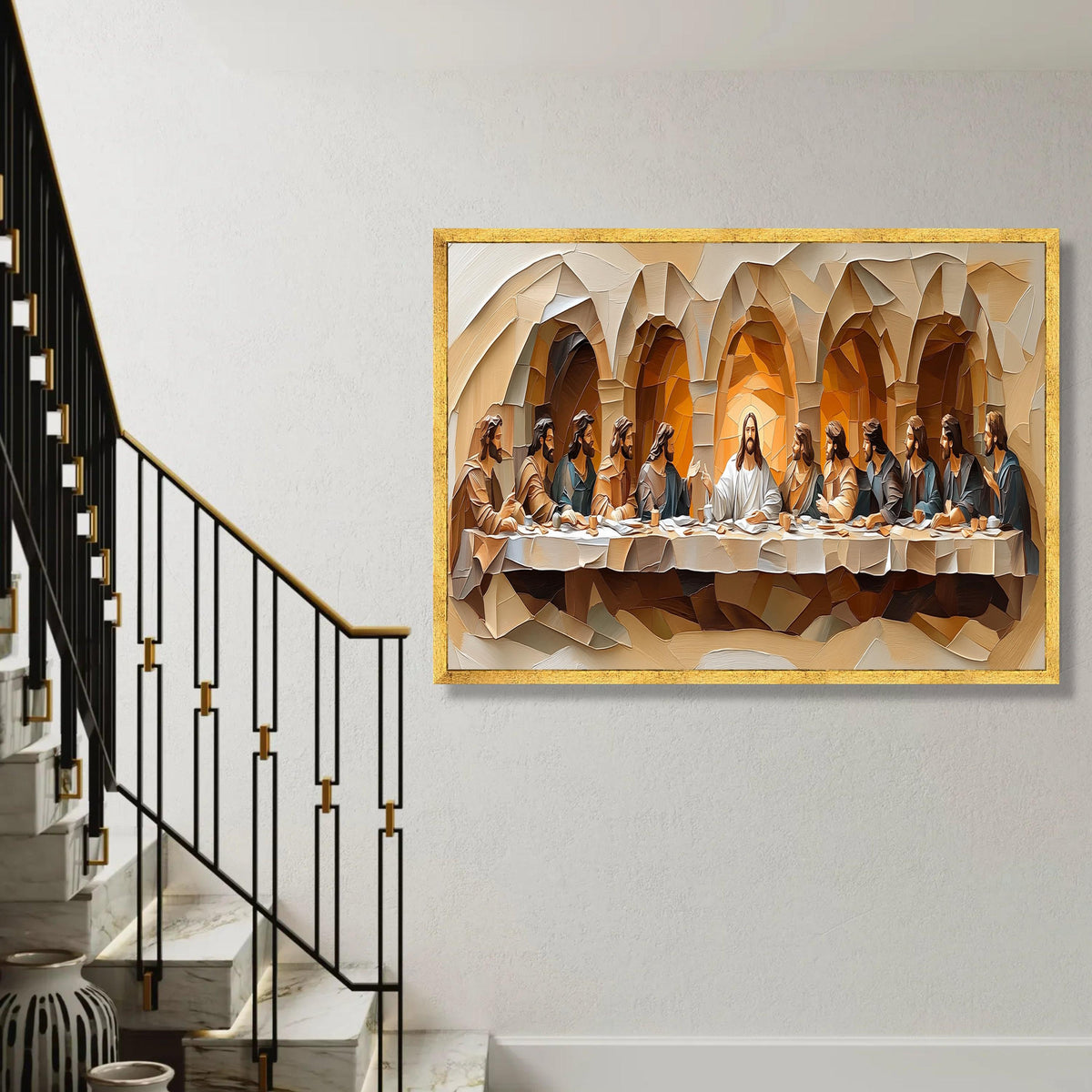 Modern Cubist Last Supper Canvas Wall Art, Religious Jesus and Apostles, Abstract Christian Artwork, Spiritual Home Ready To Hang Decoration