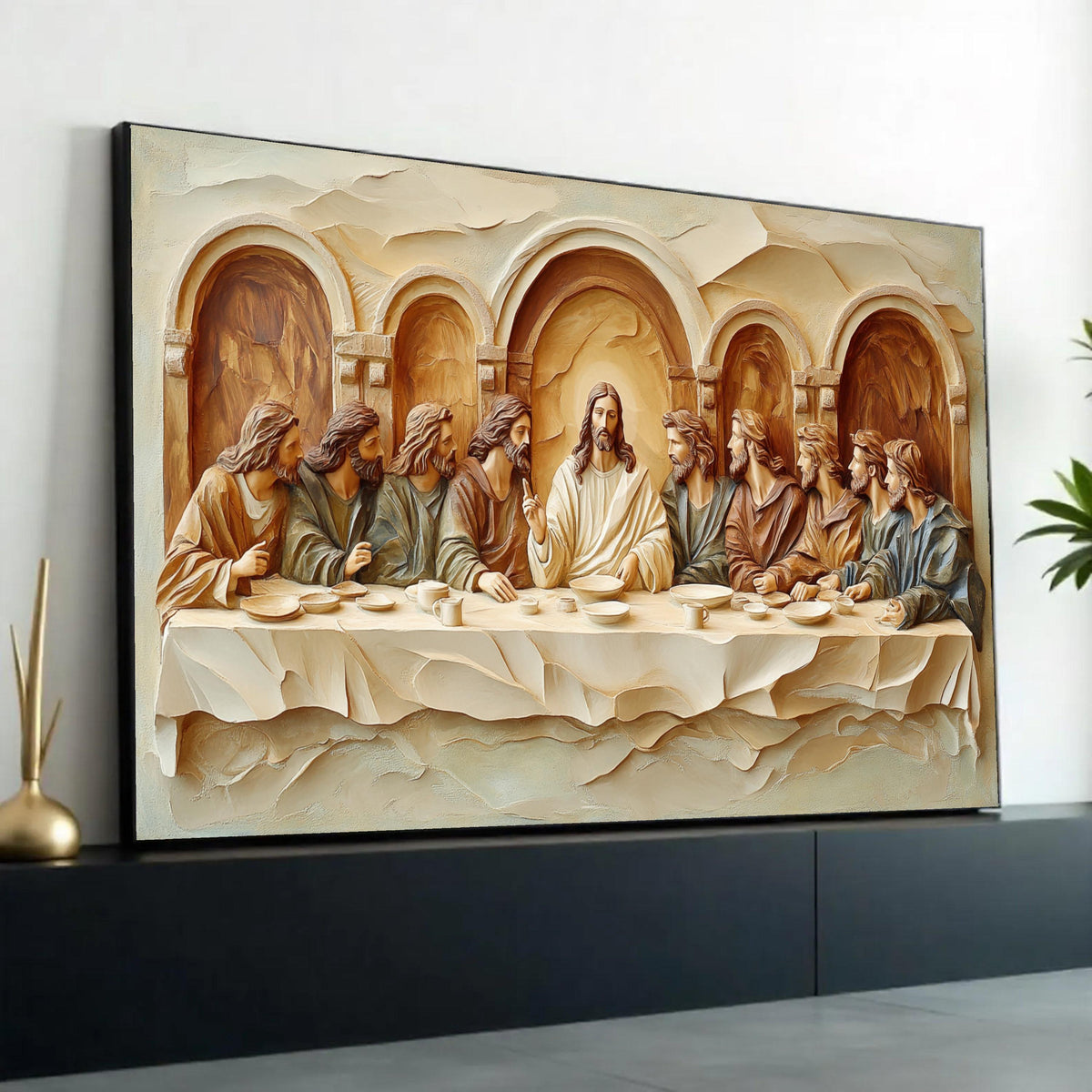 The Last Supper Canvas Wall Art, Religious Jesus and Disciples Sculpture Style, Christian Home Decor, Spiritual Ready To Hang Decoration