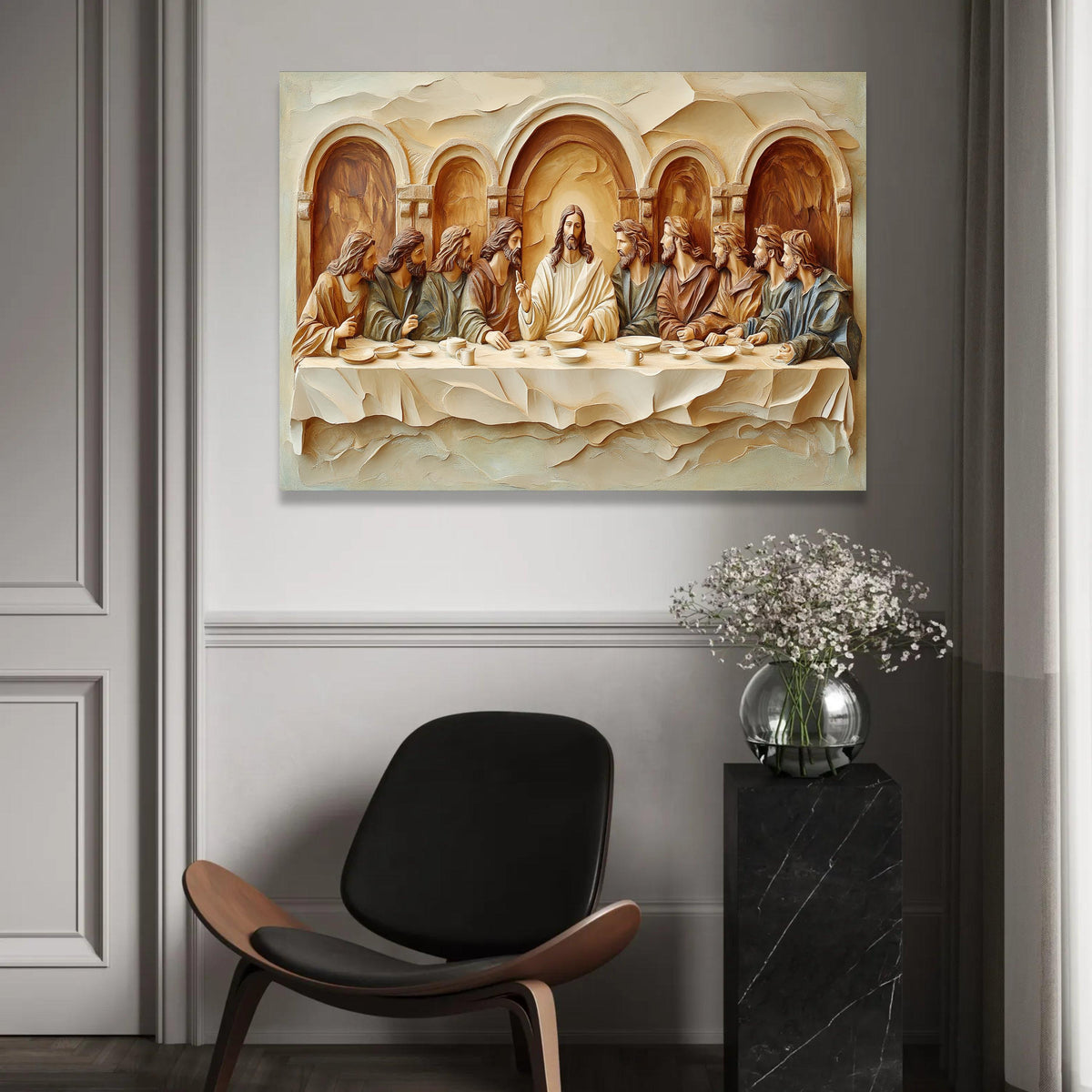 The Last Supper Canvas Wall Art, Religious Jesus and Disciples Sculpture Style, Christian Home Decor, Spiritual Ready To Hang Decoration