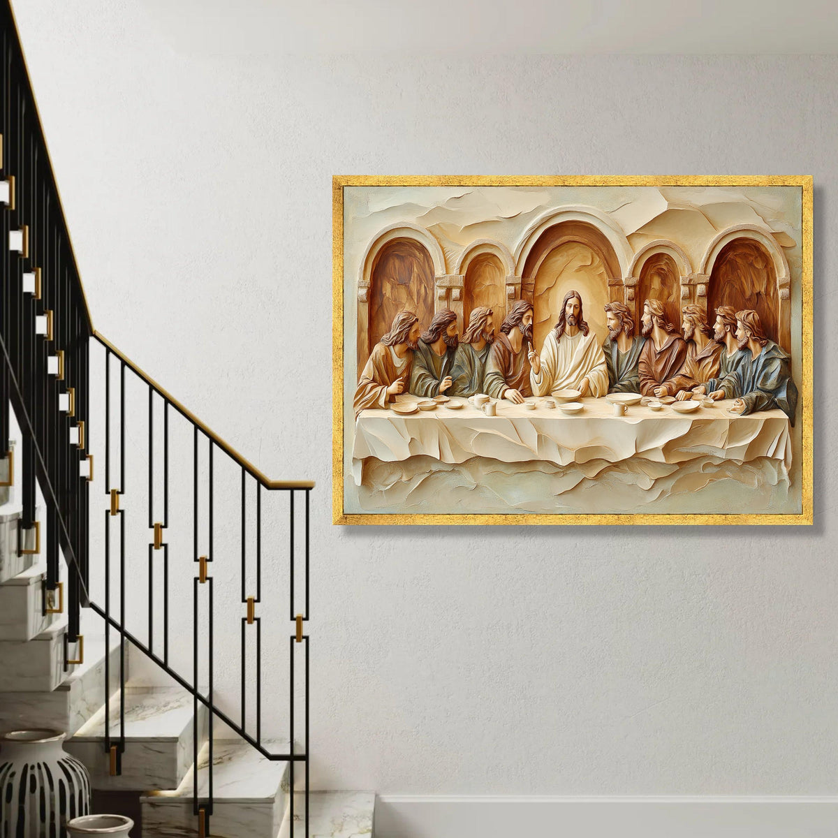 The Last Supper Canvas Wall Art, Religious Jesus and Disciples Sculpture Style, Christian Home Decor, Spiritual Ready To Hang Decoration