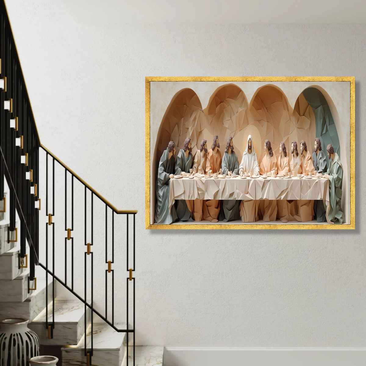 The Last Supper Abstract Sculpture Canvas, Religious Wall Art, Christian Home Decor, Modern Jesus and Disciples Ready To Hang Decoration