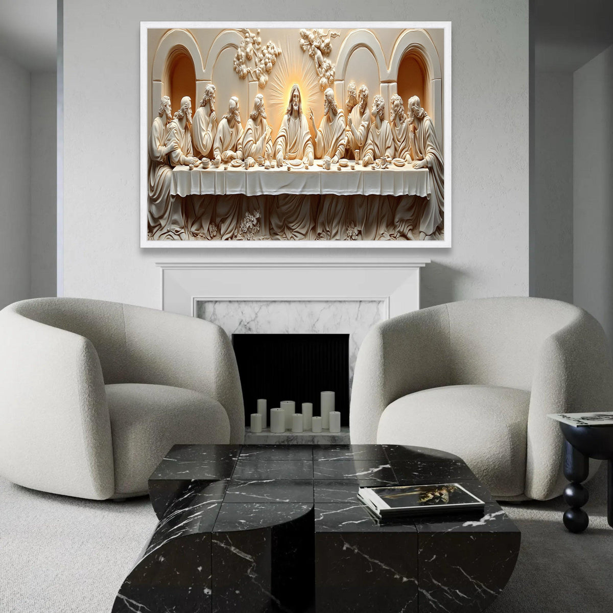 The Last Supper Canvas Wall Art, Religious Christian Decor, Jesus and Disciples Sculpture Style, Spiritual Home Ready To Hang Decoration