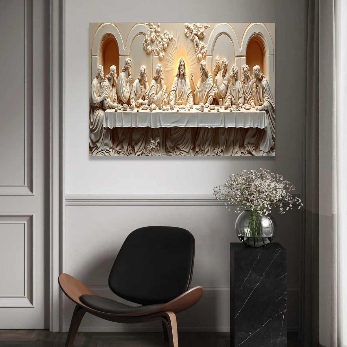 The Last Supper Canvas Wall Art, Religious Christian Decor, Jesus and Disciples Sculpture Style, Spiritual Home Ready To Hang Decoration