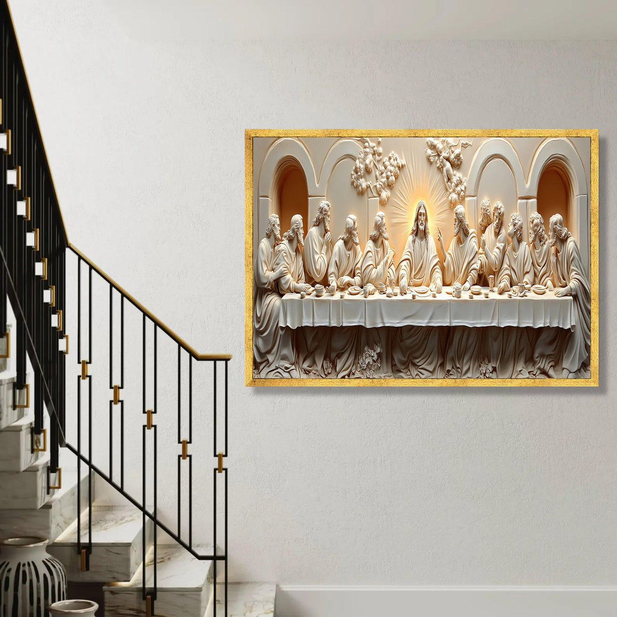 The Last Supper Canvas Wall Art, Religious Christian Decor, Jesus and Disciples Sculpture Style, Spiritual Home Ready To Hang Decoration