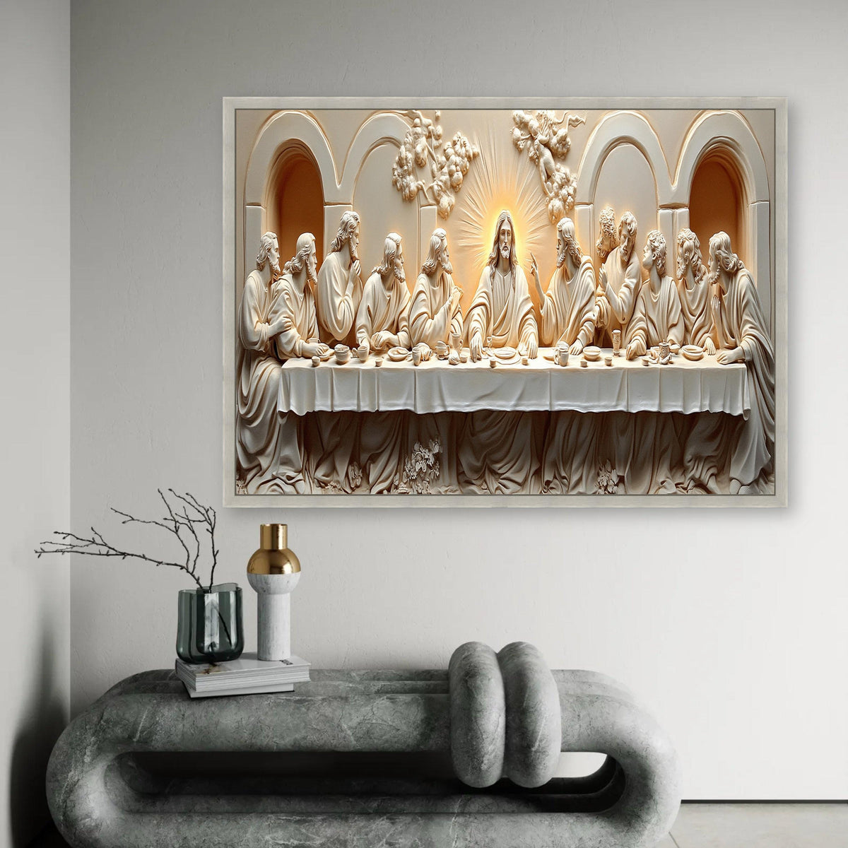 The Last Supper Canvas Wall Art, Religious Christian Decor, Jesus and Disciples Sculpture Style, Spiritual Home Ready To Hang Decoration