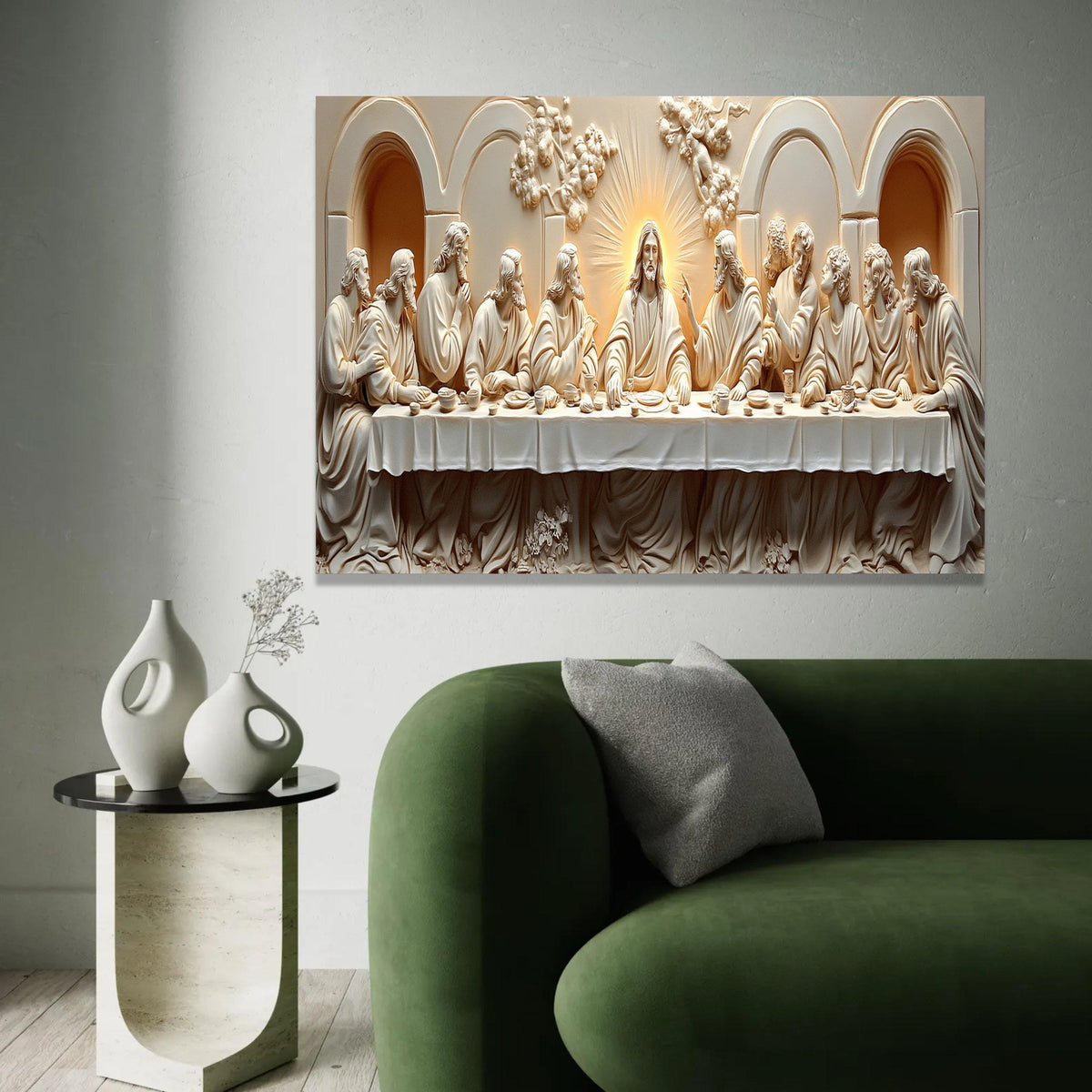 The Last Supper Canvas Wall Art, Religious Christian Decor, Jesus and Disciples Sculpture Style, Spiritual Home Ready To Hang Decoration
