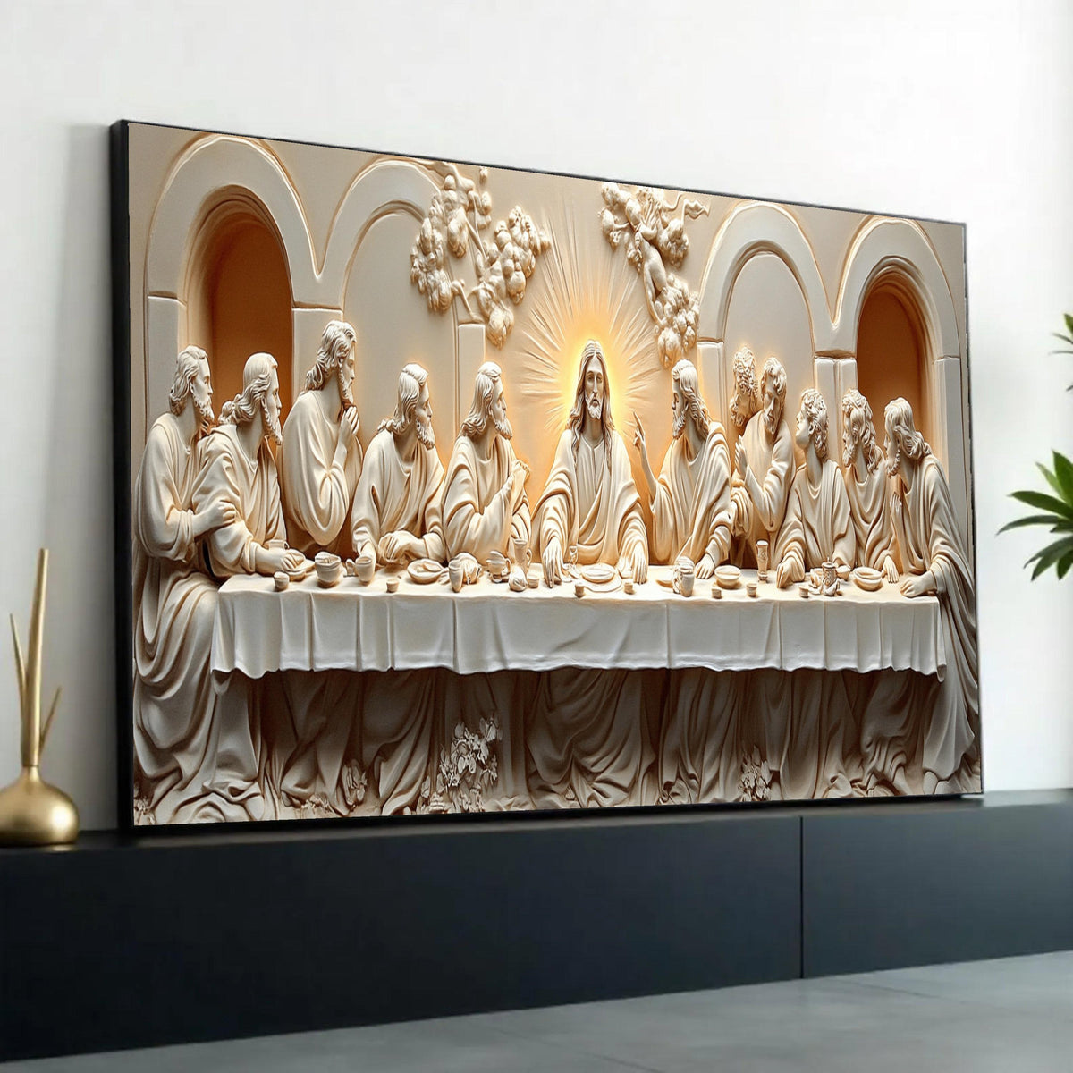 The Last Supper Canvas Wall Art, Religious Christian Decor, Jesus and Disciples Sculpture Style, Spiritual Home Ready To Hang Decoration