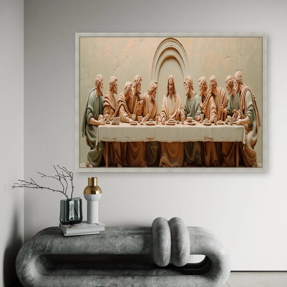 The Last Supper Religious Canvas Wall Art, Jesus and Disciples Sculpture Style, Christian Home Decor, Spiritual Ready To Hang Decoration