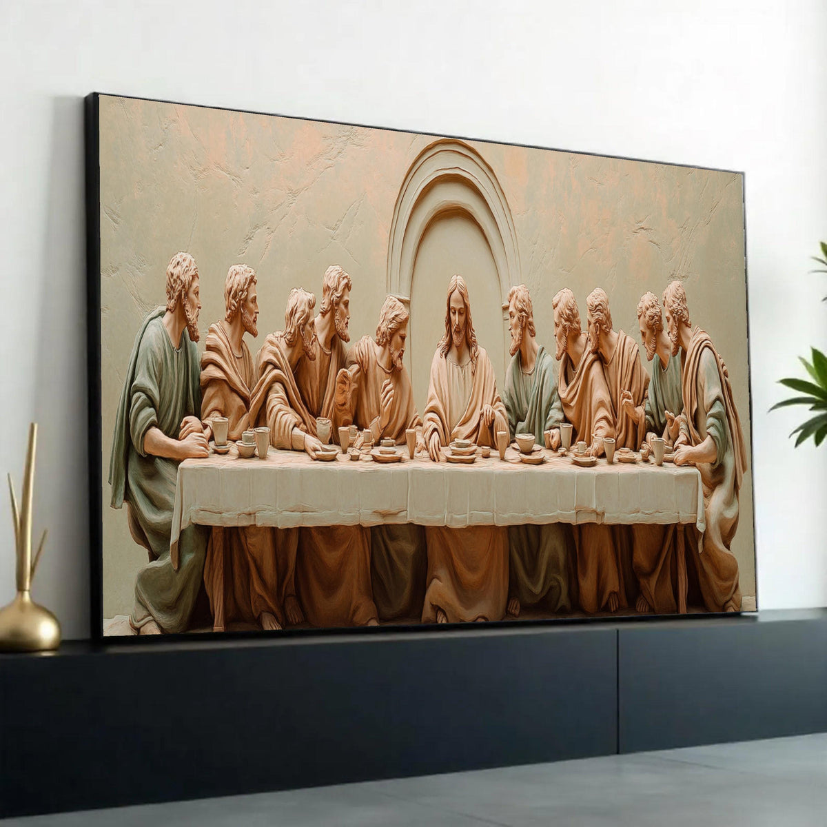 The Last Supper Religious Canvas Wall Art, Jesus and Disciples Sculpture Style, Christian Home Decor, Spiritual Ready To Hang Decoration