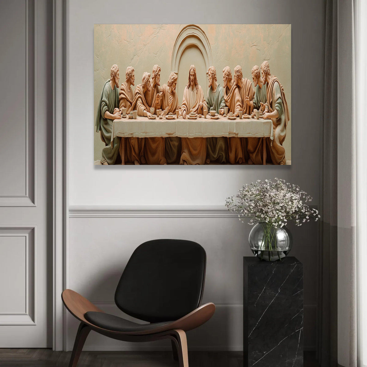 The Last Supper Religious Canvas Wall Art, Jesus and Disciples Sculpture Style, Christian Home Decor, Spiritual Ready To Hang Decoration