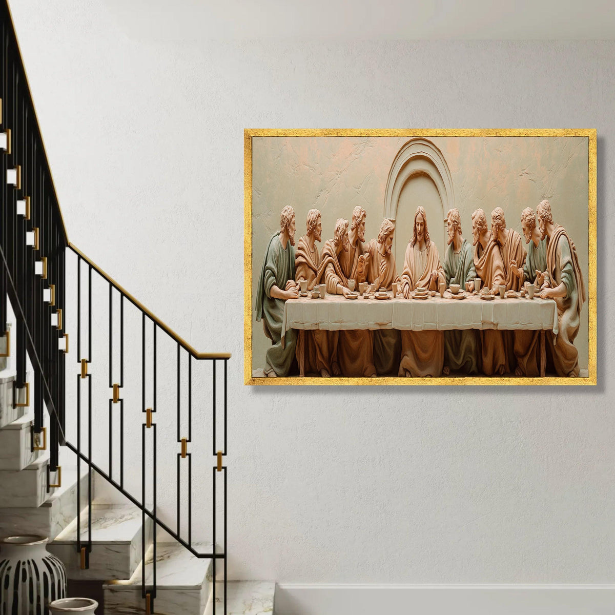 The Last Supper Religious Canvas Wall Art, Jesus and Disciples Sculpture Style, Christian Home Decor, Spiritual Ready To Hang Decoration