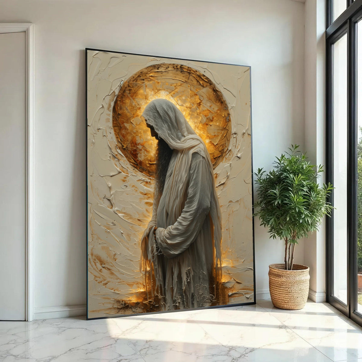 Devout Jesus Silhouette Canvas, Spiritual Religious Wall Art, Halo Light Effect Canvas, Christian Faith Decoration, Ready To Hang Decoration