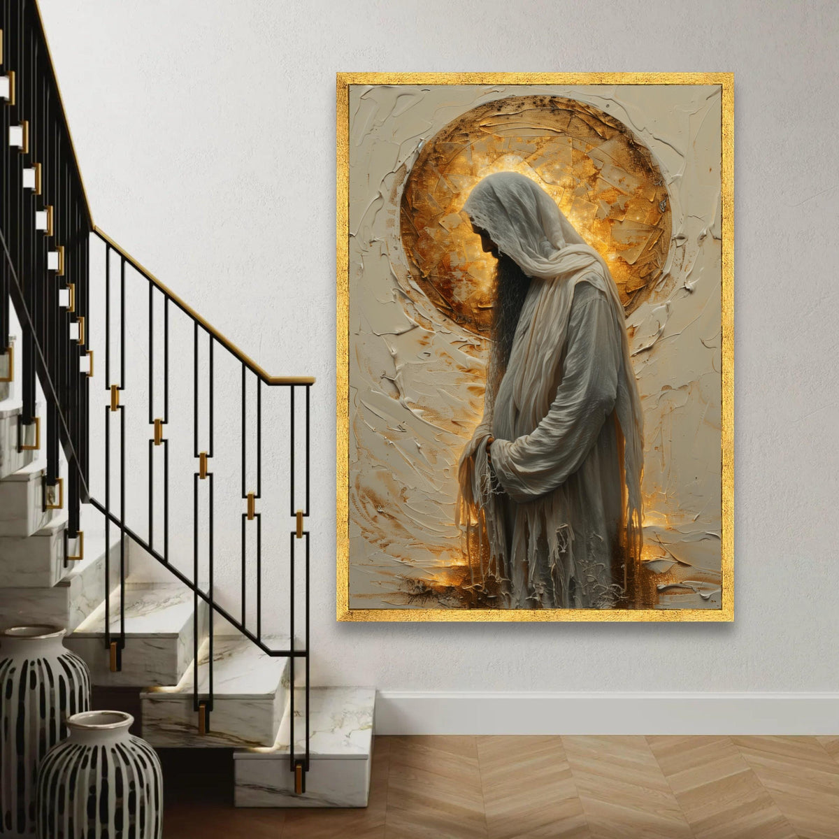 Devout Jesus Silhouette Canvas, Spiritual Religious Wall Art, Halo Light Effect Canvas, Christian Faith Decoration, Ready To Hang Decoration