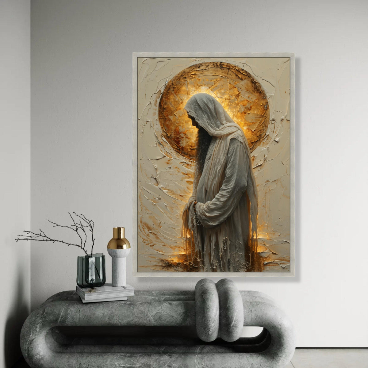 Devout Jesus Silhouette Canvas, Spiritual Religious Wall Art, Halo Light Effect Canvas, Christian Faith Decoration, Ready To Hang Decoration