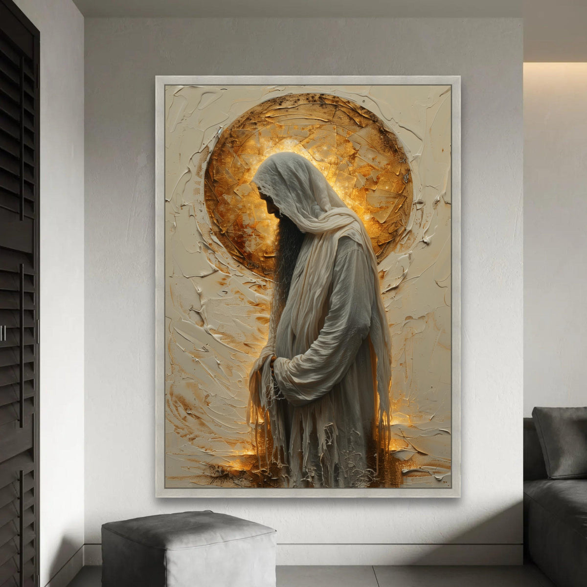 Devout Jesus Silhouette Canvas, Spiritual Religious Wall Art, Halo Light Effect Canvas, Christian Faith Decoration, Ready To Hang Decoration