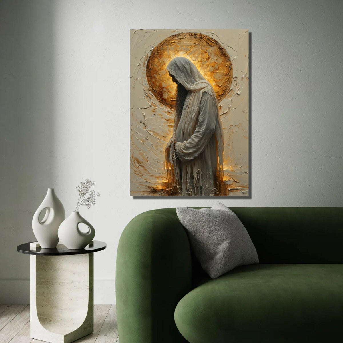 Devout Jesus Silhouette Canvas, Spiritual Religious Wall Art, Halo Light Effect Canvas, Christian Faith Decoration, Ready To Hang Decoration