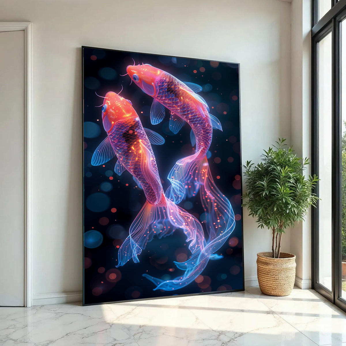 Neon Koi Fish Canvas Wall Art, Glowing Aquarium Decor, Vibrant Fish Illustration, Modern Home Decoration, Ready to Ready To Hang Decoration