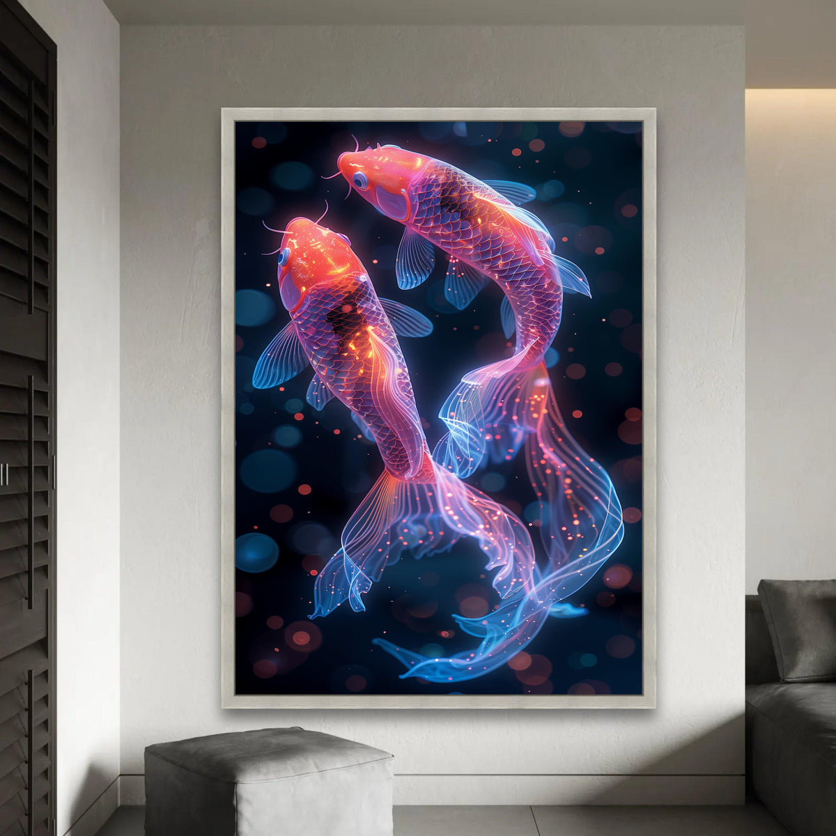 Neon Koi Fish Canvas Wall Art, Glowing Aquarium Decor, Vibrant Fish Illustration, Modern Home Decoration, Ready to Ready To Hang Decoration