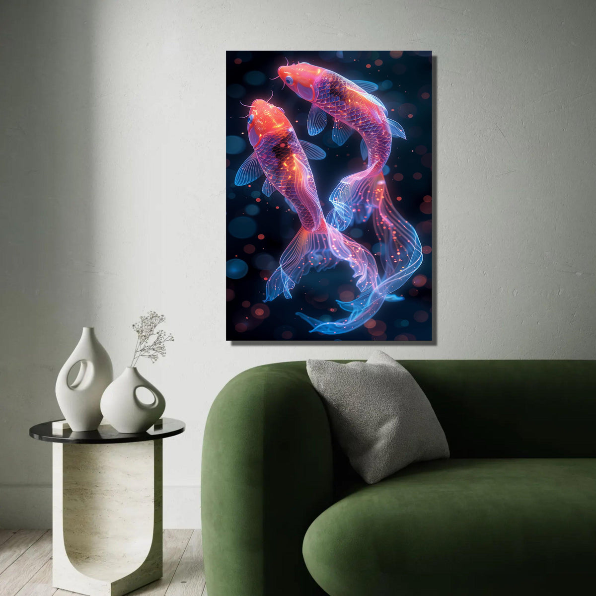 Neon Koi Fish Canvas Wall Art, Glowing Aquarium Decor, Vibrant Fish Illustration, Modern Home Decoration, Ready to Ready To Hang Decoration