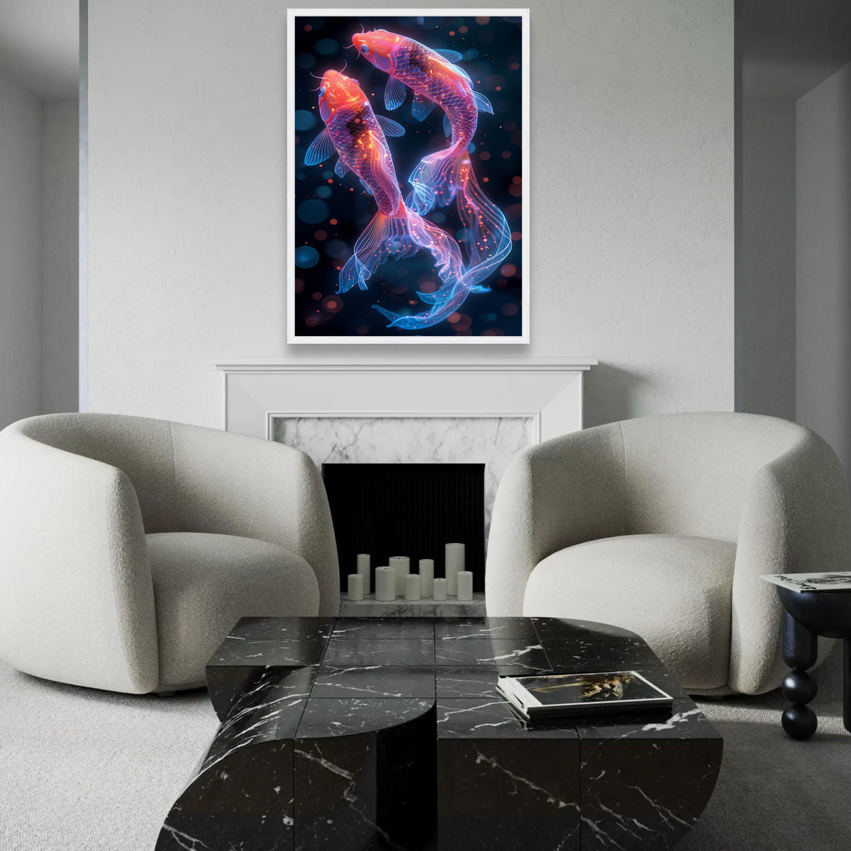 Neon Koi Fish Canvas Wall Art, Glowing Aquarium Decor, Vibrant Fish Illustration, Modern Home Decoration, Ready to Ready To Hang Decoration