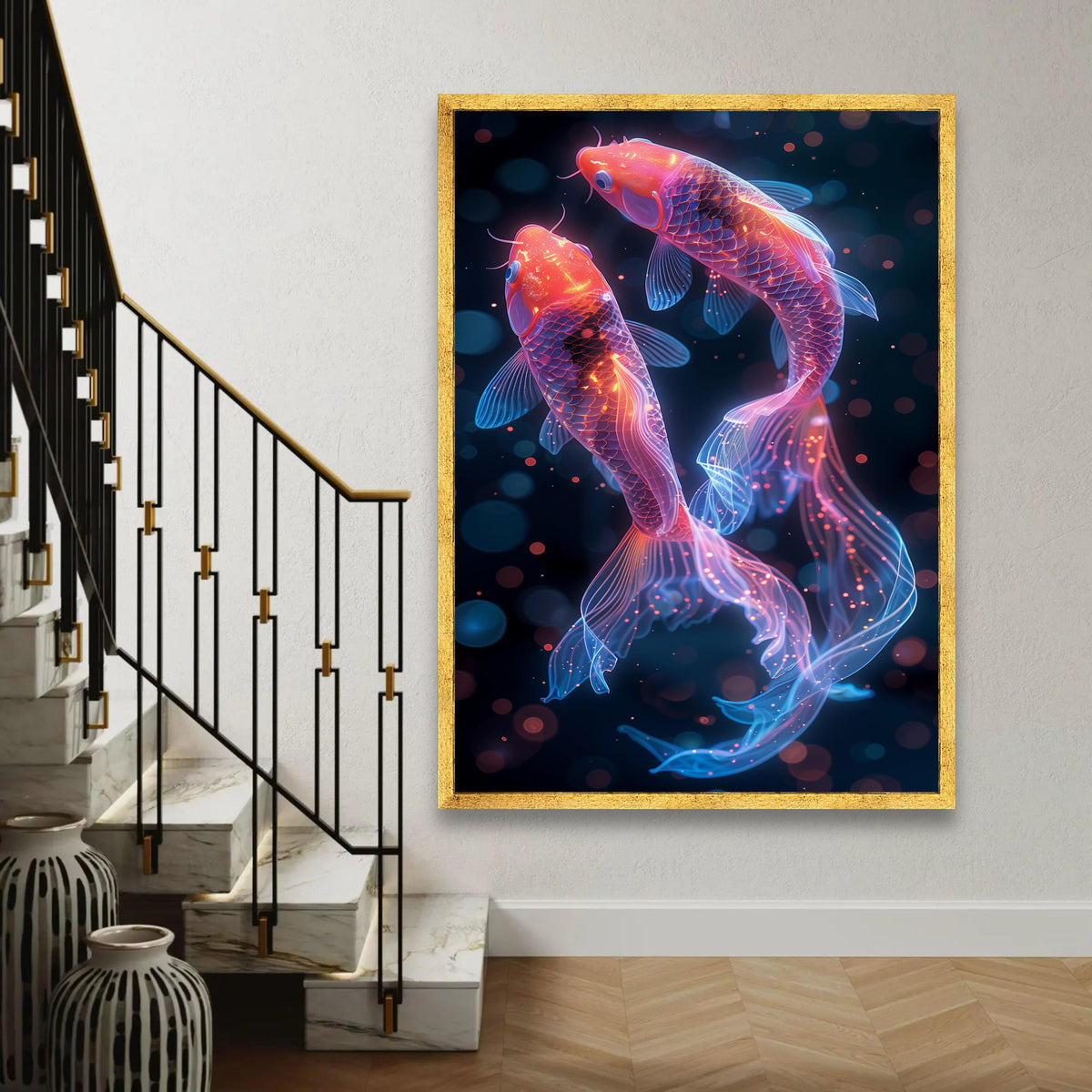 Neon Koi Fish Canvas Wall Art, Glowing Aquarium Decor, Vibrant Fish Illustration, Modern Home Decoration, Ready to Ready To Hang Decoration