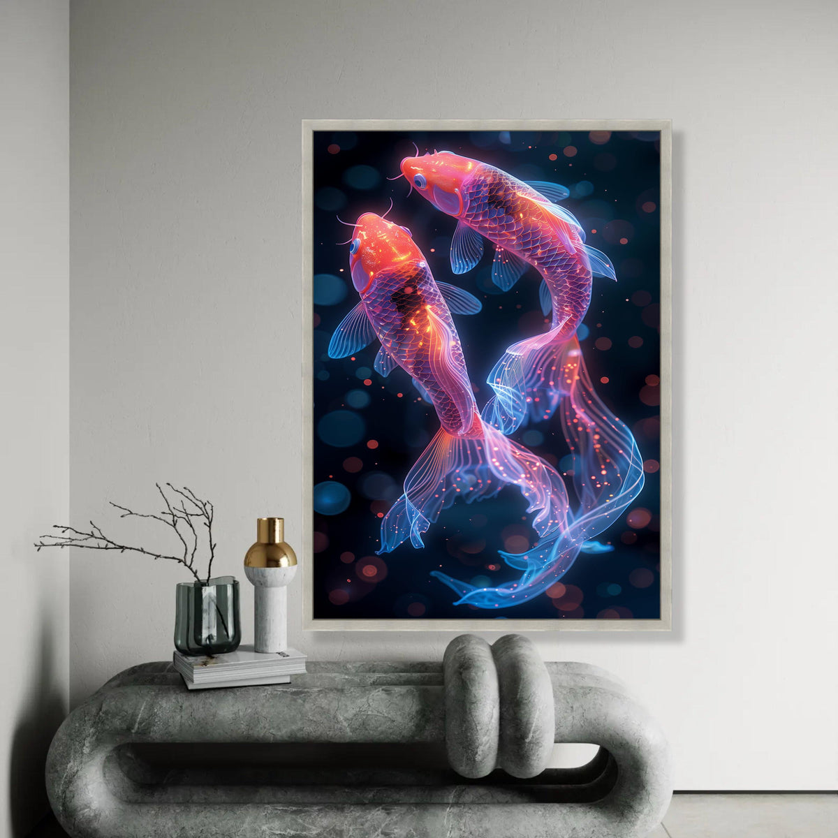 Neon Koi Fish Canvas Wall Art, Glowing Aquarium Decor, Vibrant Fish Illustration, Modern Home Decoration, Ready to Ready To Hang Decoration