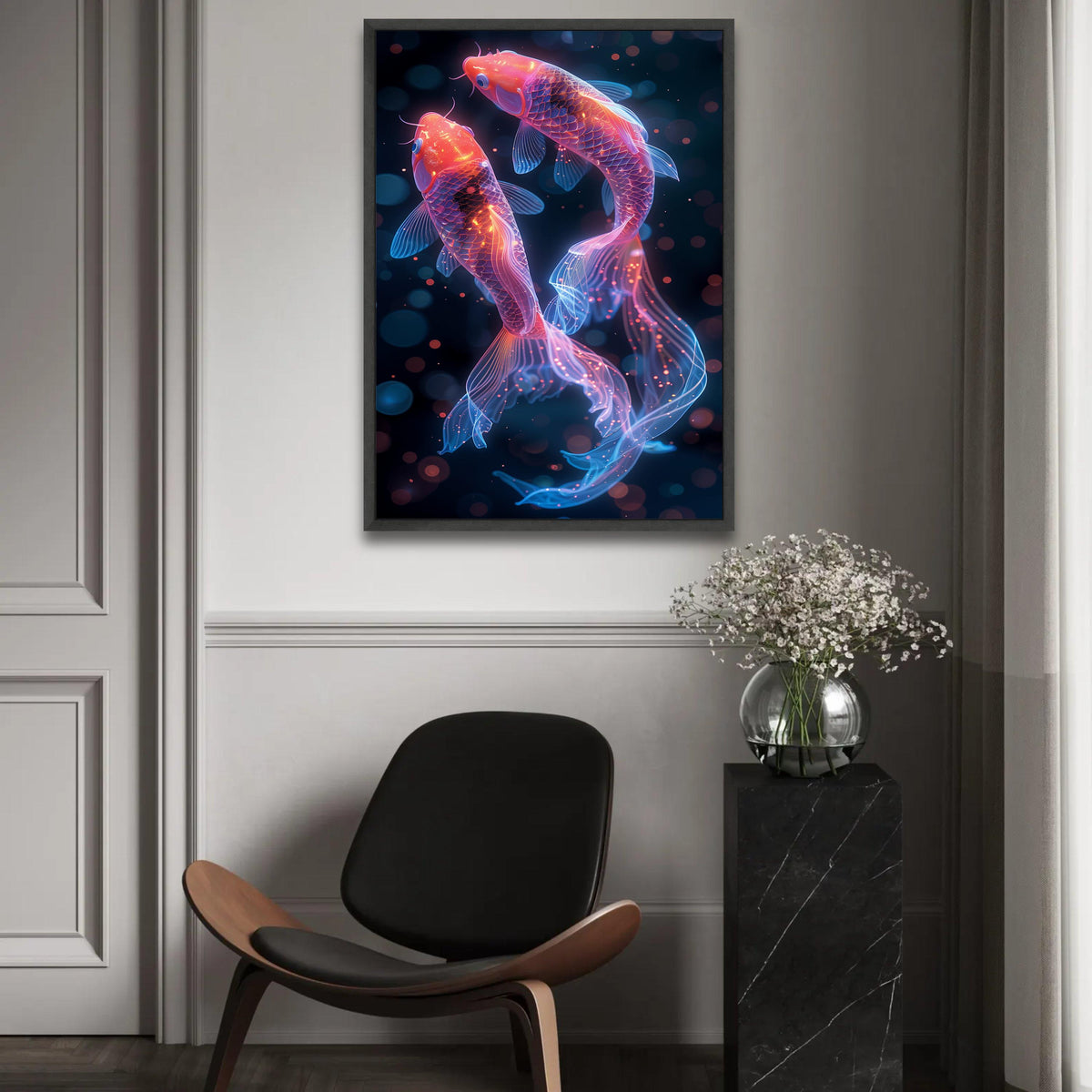 Neon Koi Fish Canvas Wall Art, Glowing Aquarium Decor, Vibrant Fish Illustration, Modern Home Decoration, Ready to Ready To Hang Decoration