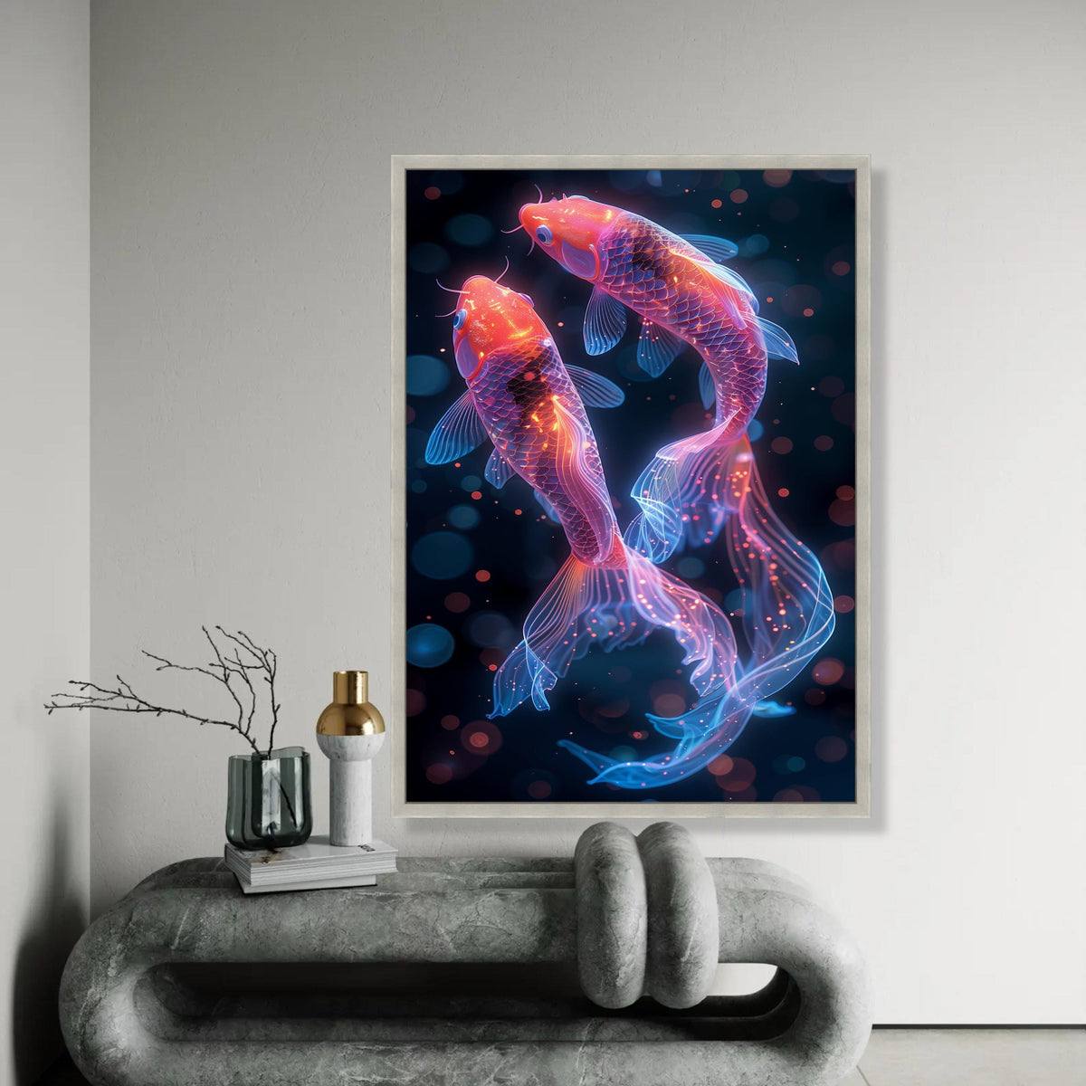 Neon Koi Fish Canvas Wall Art, Glowing Aquarium Decor, Vibrant Fish Illustration, Modern Home Decoration, Ready to Ready To Hang Decoration