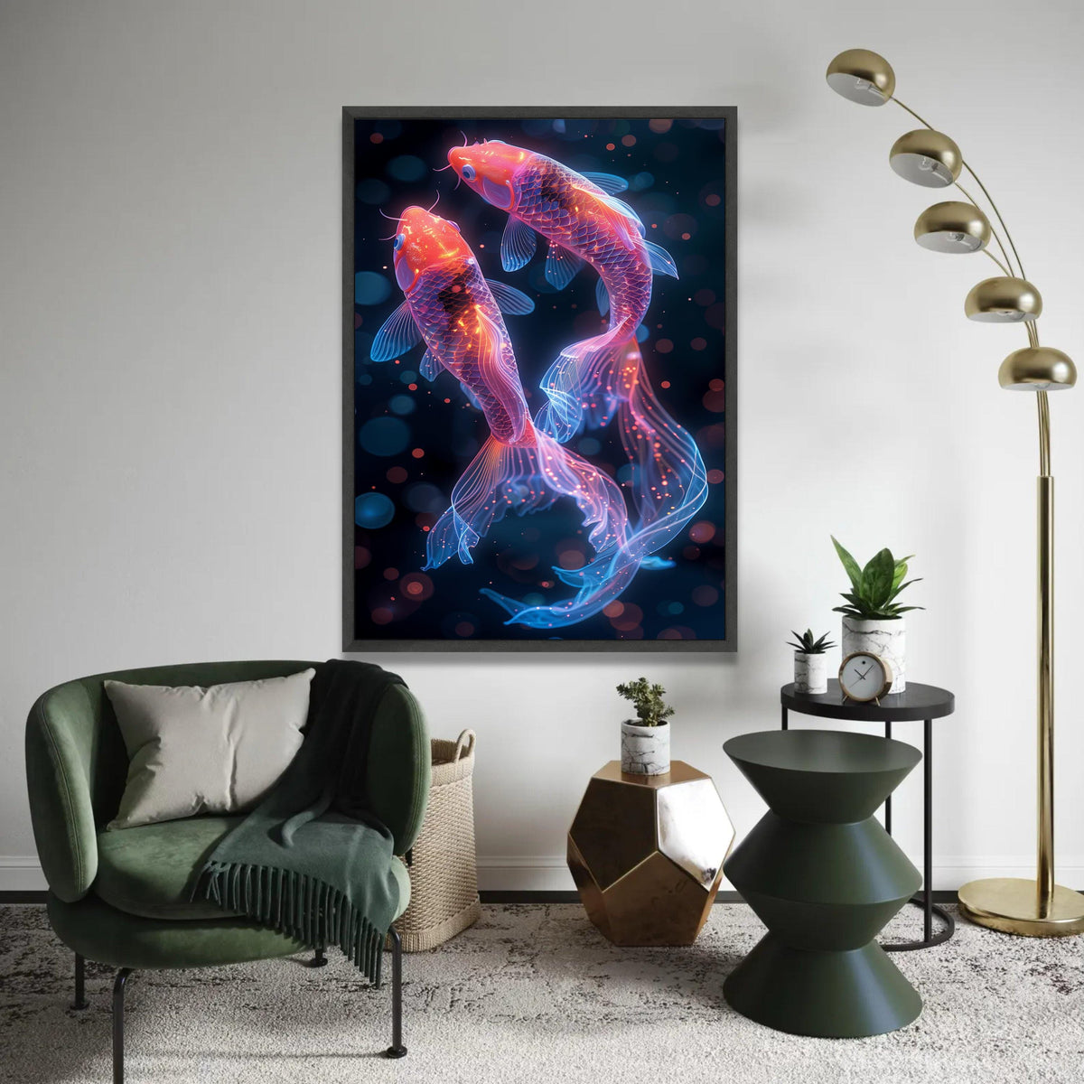 Neon Koi Fish Canvas Wall Art, Glowing Aquarium Decor, Vibrant Fish Illustration, Modern Home Decoration, Ready to Ready To Hang Decoration