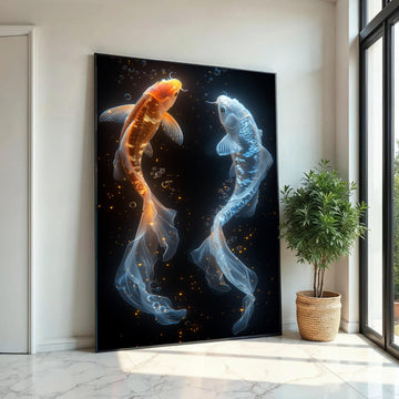 Glowing Koi Fish Canvas, Orange and Blue Aqua Wall Art, Modern Watercolor Fish Painting, Elegant Home Decor, Ready Ready To Hang Decoration