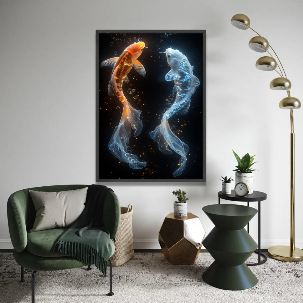 Glowing Koi Fish Canvas, Orange and Blue Aqua Wall Art, Modern Watercolor Fish Painting, Elegant Home Decor, Ready Ready To Hang Decoration
