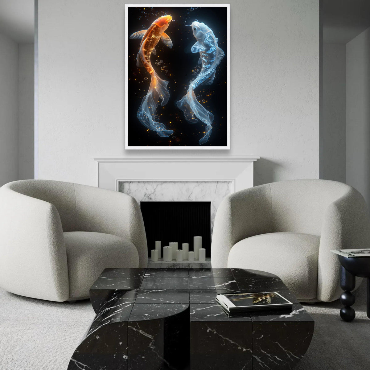 Glowing Koi Fish Canvas, Orange and Blue Aqua Wall Art, Modern Watercolor Fish Painting, Elegant Home Decor, Ready Ready To Hang Decoration