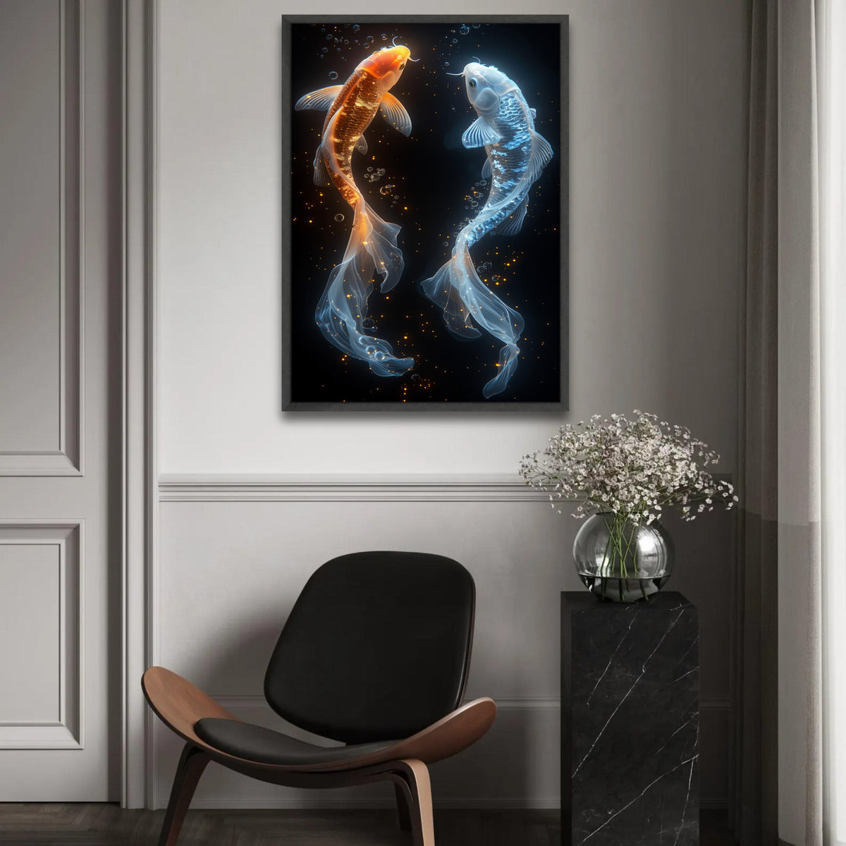Glowing Koi Fish Canvas, Orange and Blue Aqua Wall Art, Modern Watercolor Fish Painting, Elegant Home Decor, Ready Ready To Hang Decoration