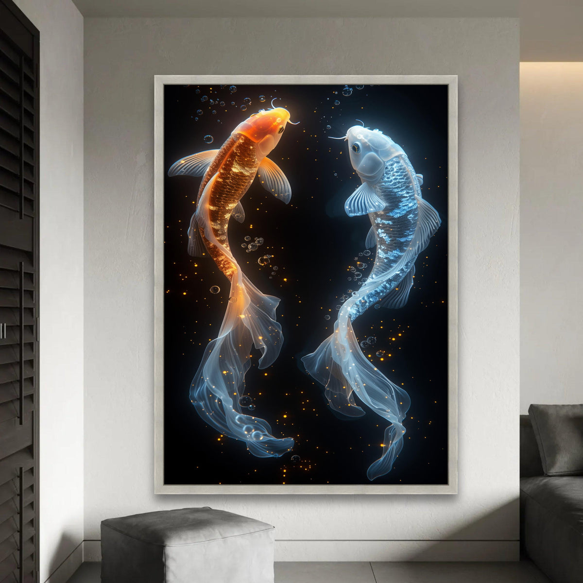 Glowing Koi Fish Canvas, Orange and Blue Aqua Wall Art, Modern Watercolor Fish Painting, Elegant Home Decor, Ready Ready To Hang Decoration