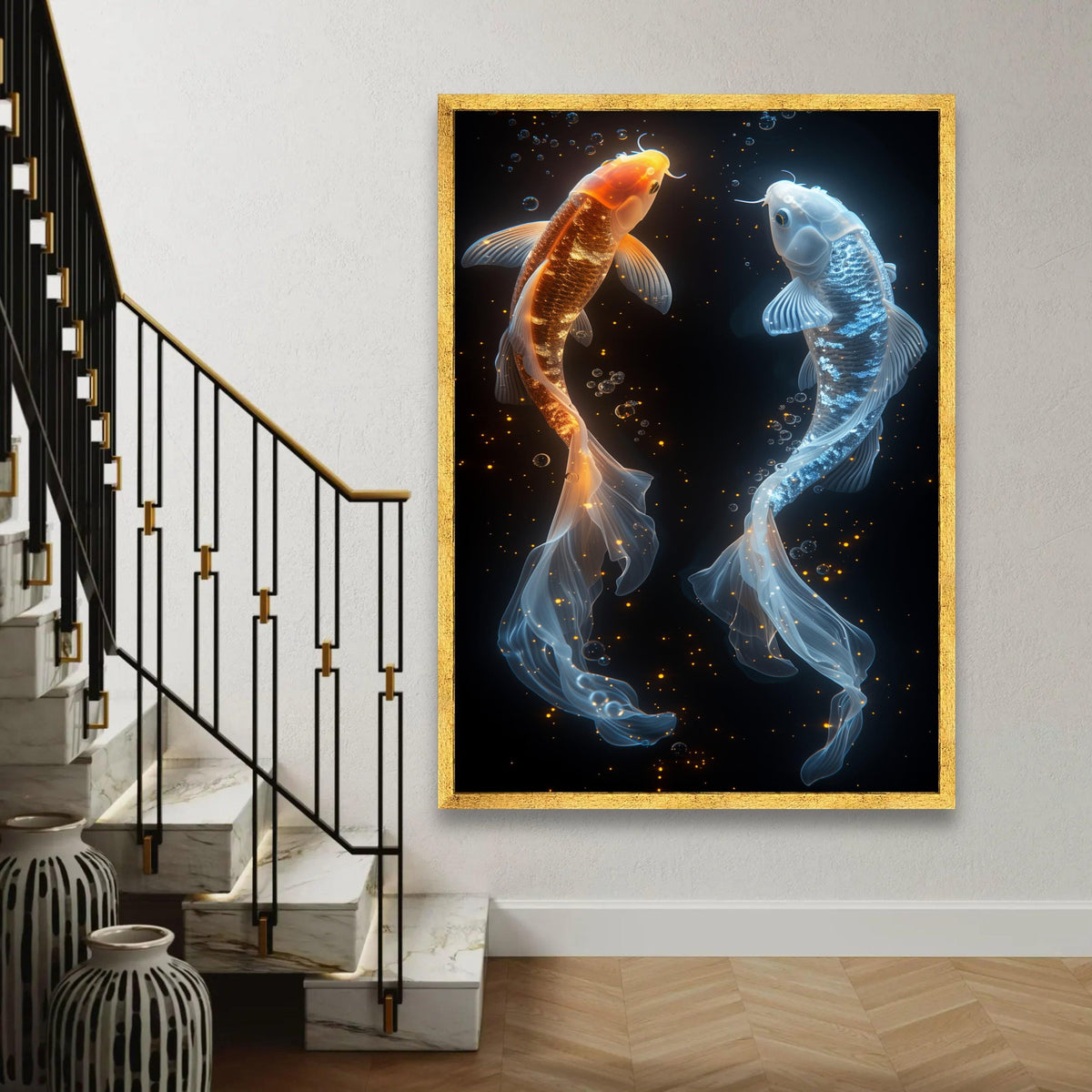 Glowing Koi Fish Canvas, Orange and Blue Aqua Wall Art, Modern Watercolor Fish Painting, Elegant Home Decor, Ready Ready To Hang Decoration