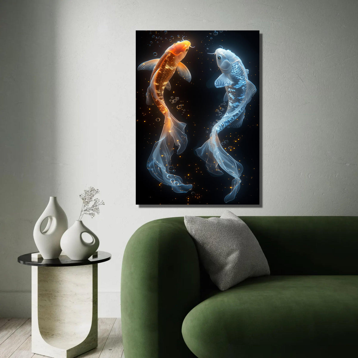 Glowing Koi Fish Canvas, Orange and Blue Aqua Wall Art, Modern Watercolor Fish Painting, Elegant Home Decor, Ready Ready To Hang Decoration