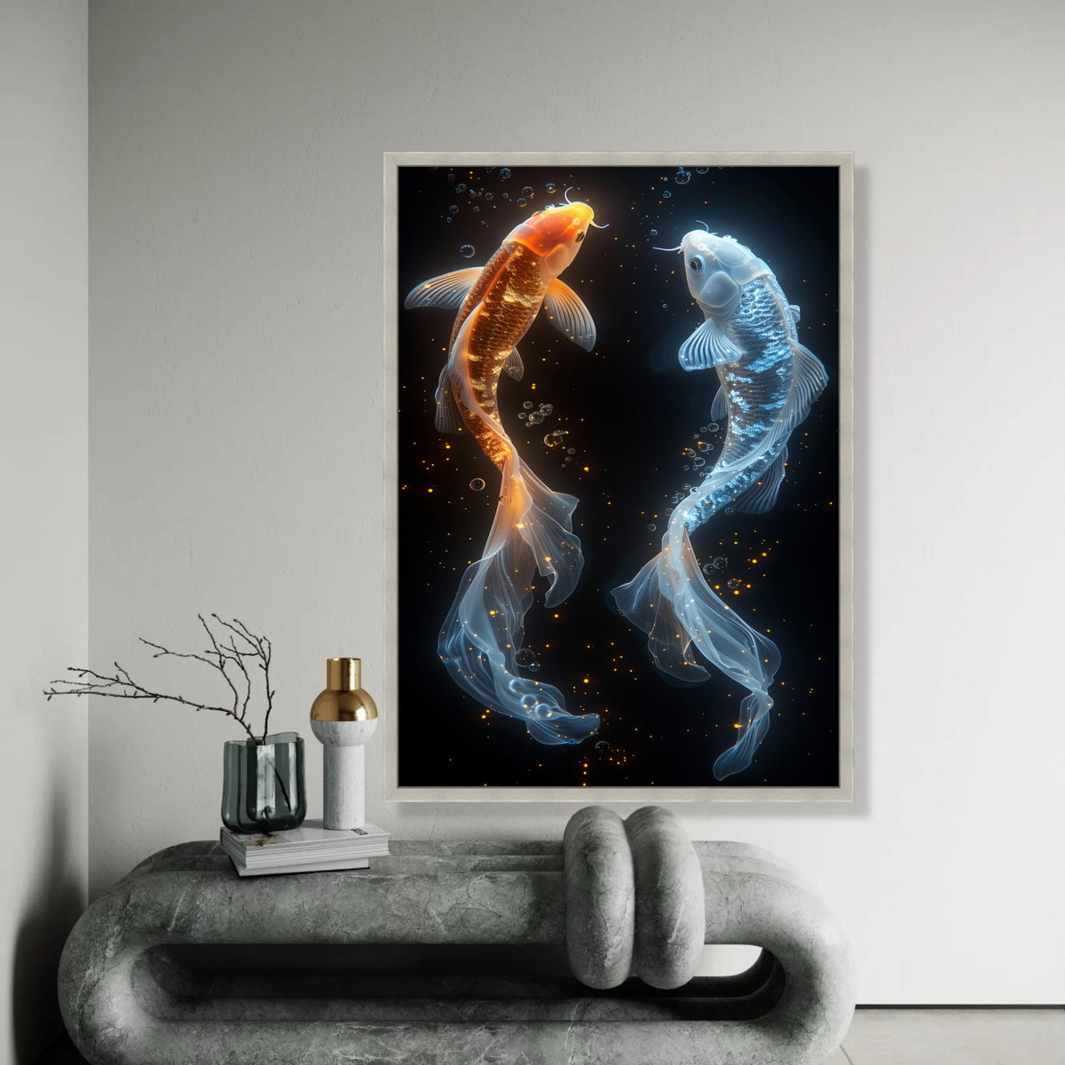 Glowing Koi Fish Canvas, Orange and Blue Aqua Wall Art, Modern Watercolor Fish Painting, Elegant Home Decor, Ready Ready To Hang Decoration