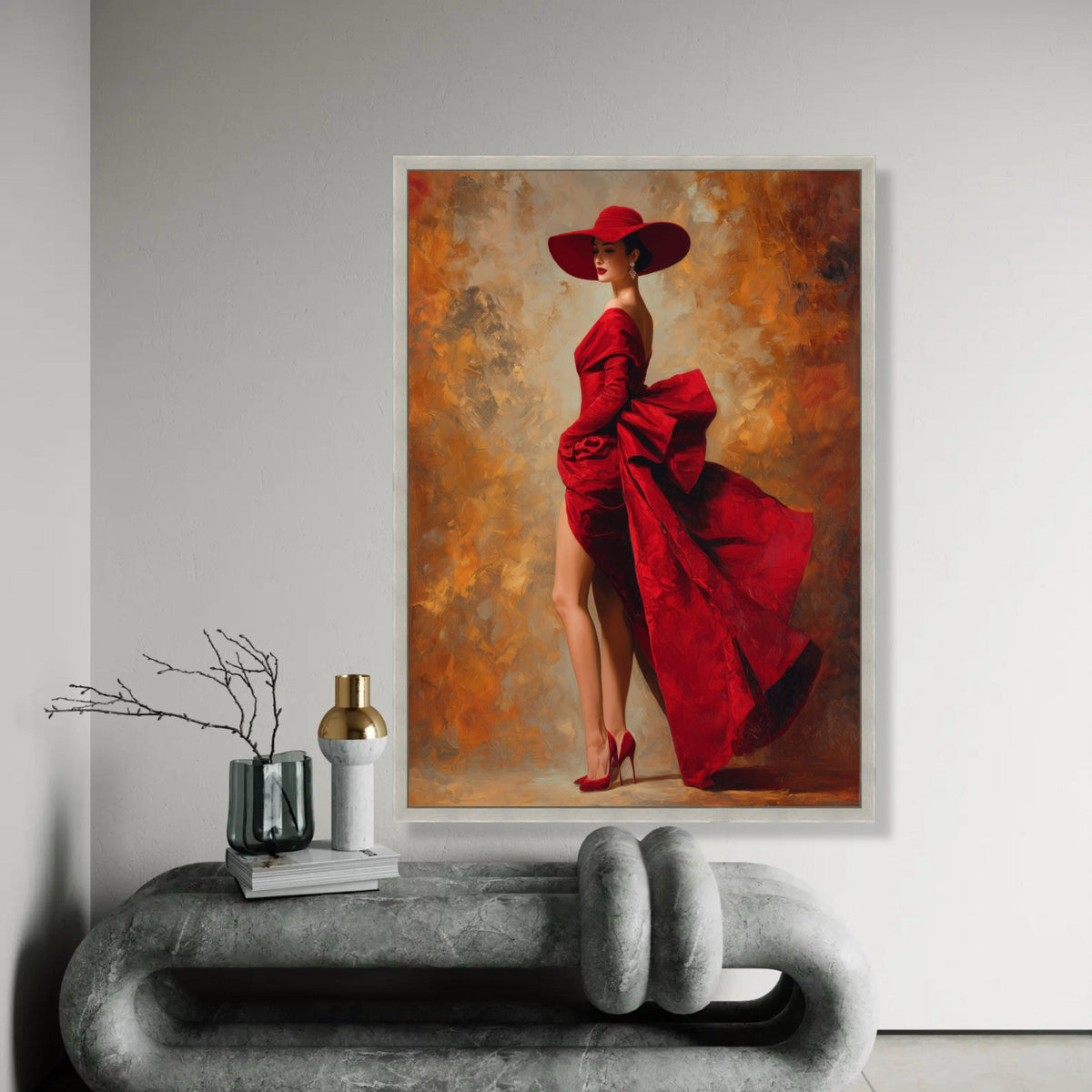 Elegant Woman in Red Dress Canvas, Fashion Wall Art, Glamorous Lady Portrait, Haute Couture Canvas, Stylish Home Ready To Hang Decoration