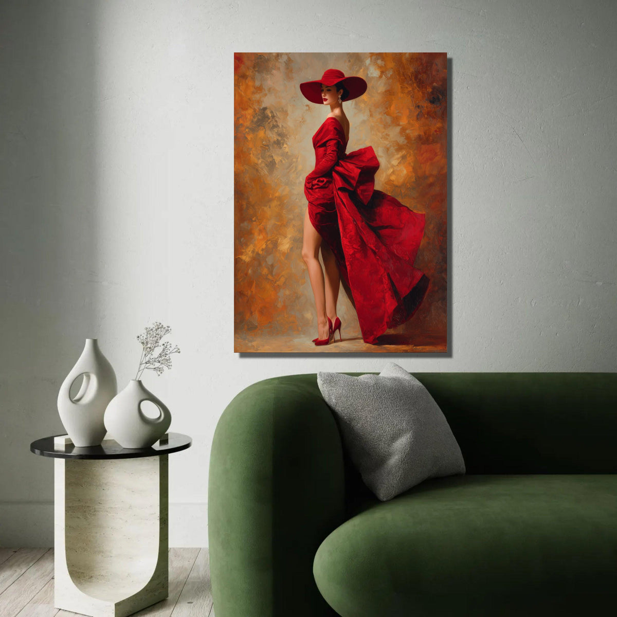 Elegant Woman in Red Dress Canvas, Fashion Wall Art, Glamorous Lady Portrait, Haute Couture Canvas, Stylish Home Ready To Hang Decoration